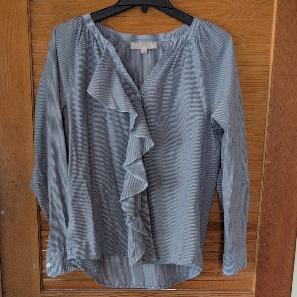 LOFT Blue Ruffled Long Sleeve Blouse